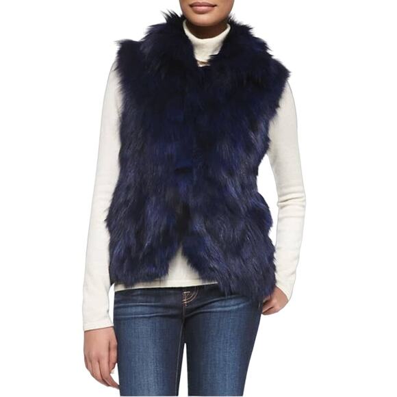 Adrienne Landau Collar Real Fur Rabbit Dyed Vest Jacket Blue Women's Size Small - Picture 1 of 9